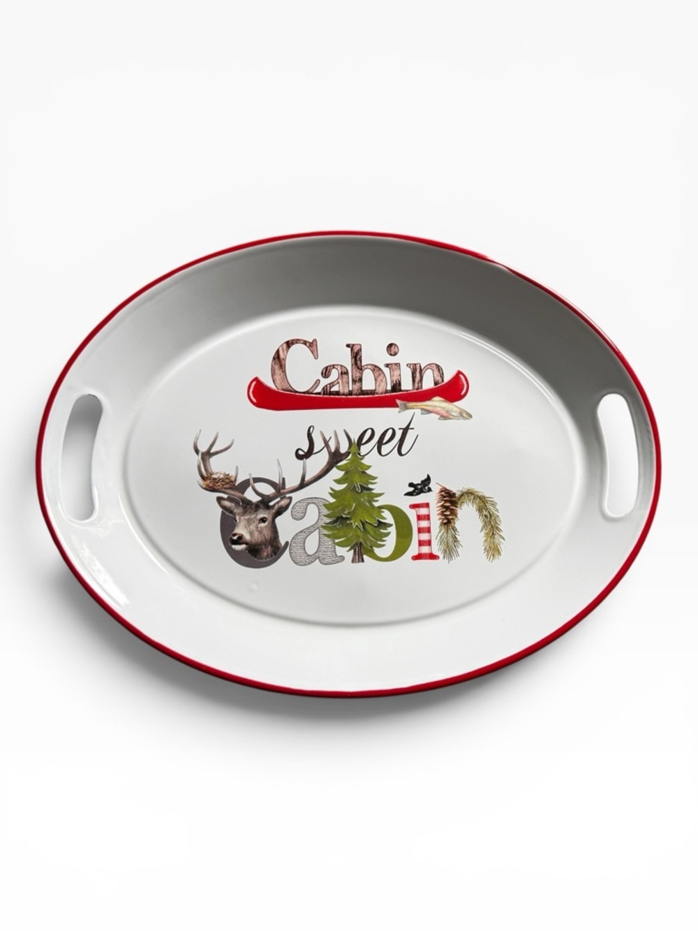 Creative Co-op Cabin Sweet Cabin Enameled Serving Tray with Handles - NWOT